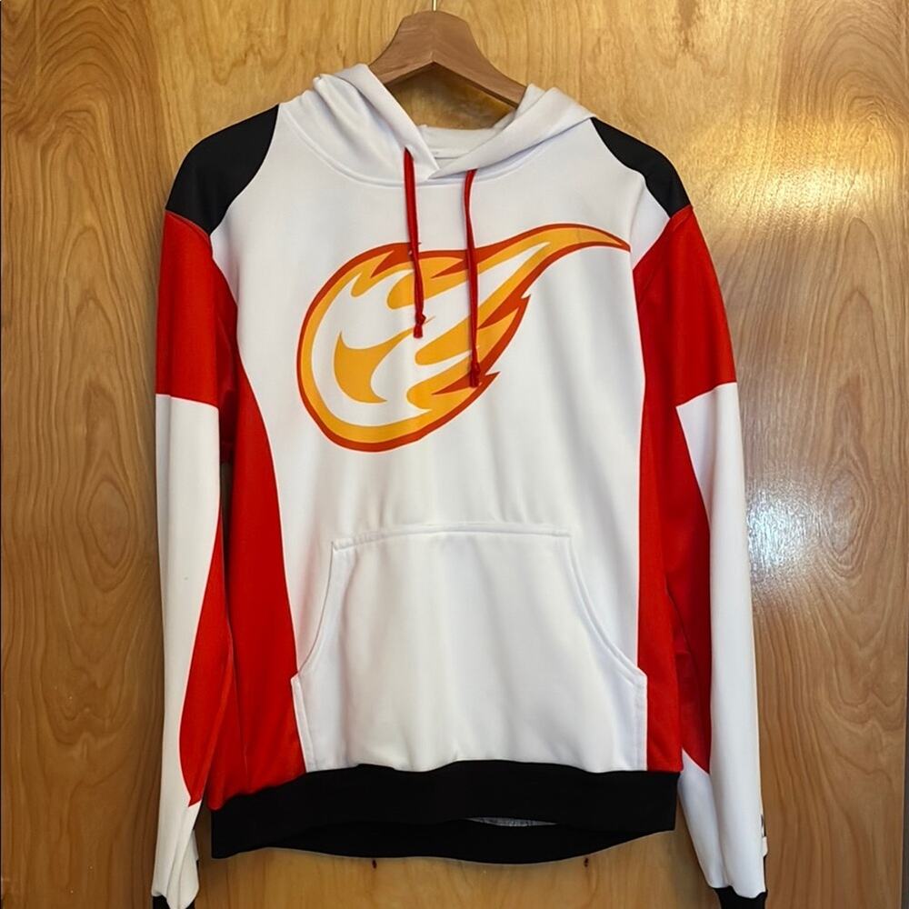 Red and White Hoodie with Flame Logo